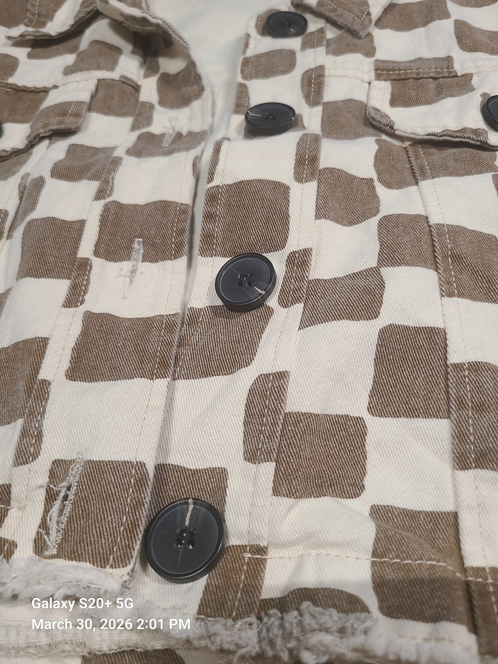Checked Crop Jean Jacket in Brown and Cream - Picture 5 of 7